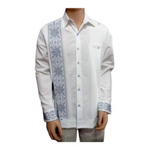 Guayabera de Lino con Detalle Azul Artesanal
